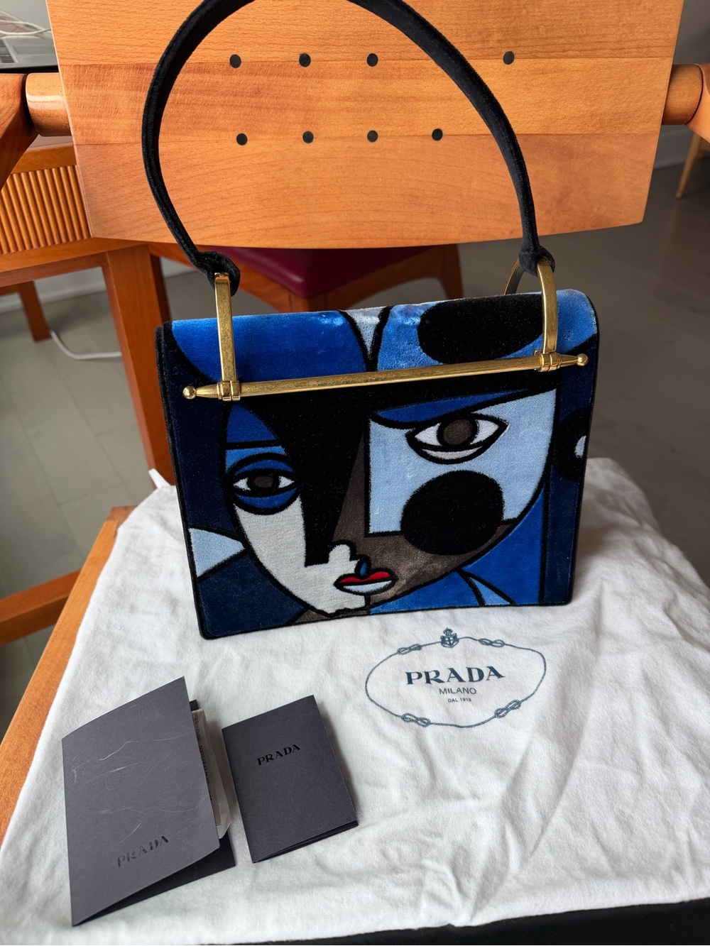 Prada Blue and Black Velvet Shoulder Bag with Abstract Face Motif